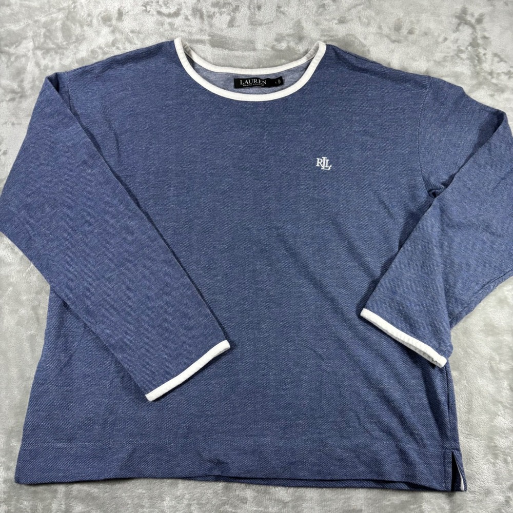 Lauren Ralph Lauren Womens Blue Knit Long Sleeve Top White Trim Size L